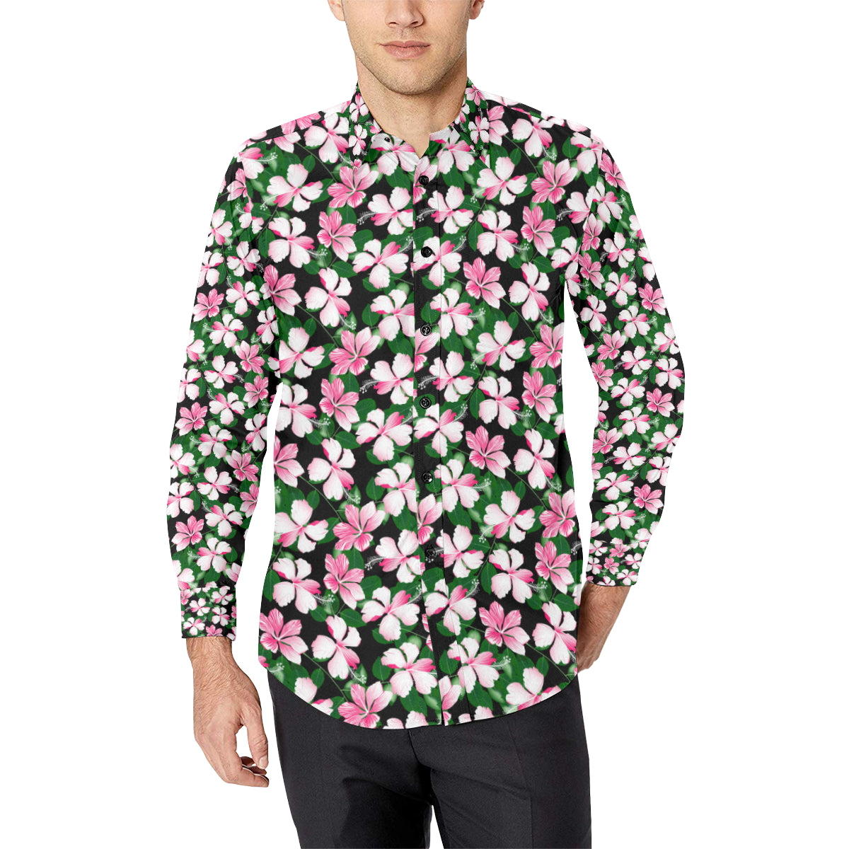 Hibiscus Pink Flower Hawaiian Print Men's Long Sleeve Shirt