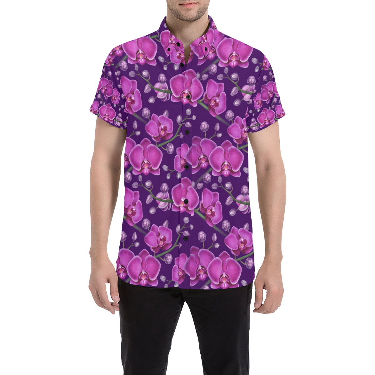 Orchid Pattern Print Design A03 Men's Short Sleeve Button Up Shirt