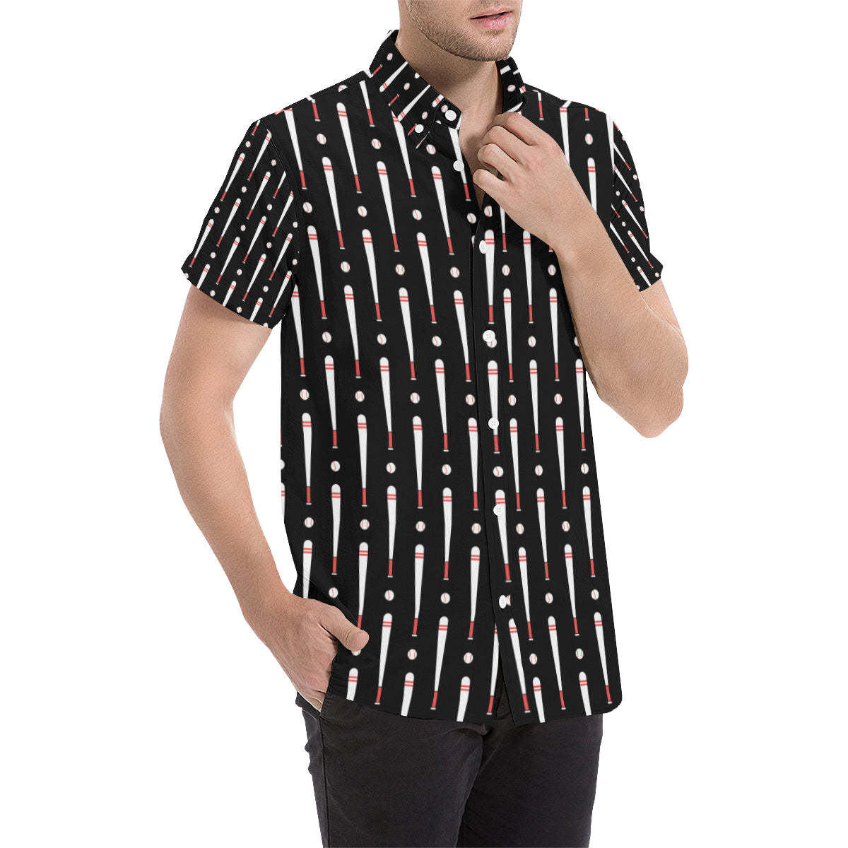 Baseball Pattern Print Design 03 Men's Short Sleeve Button Up Shirt