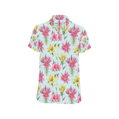 Lily Pattern Print Design LY010 Men's Short Sleeve Button Up Shirt