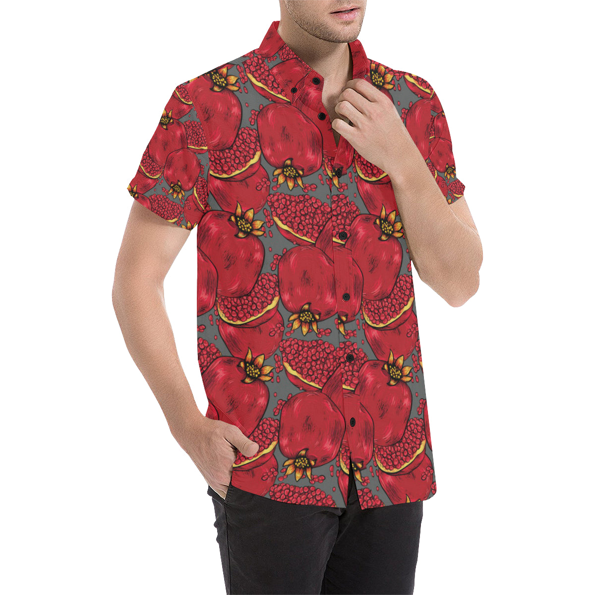 Pomegranate Pattern Print Design PG05 Men's Short Sleeve Button Up Shirt