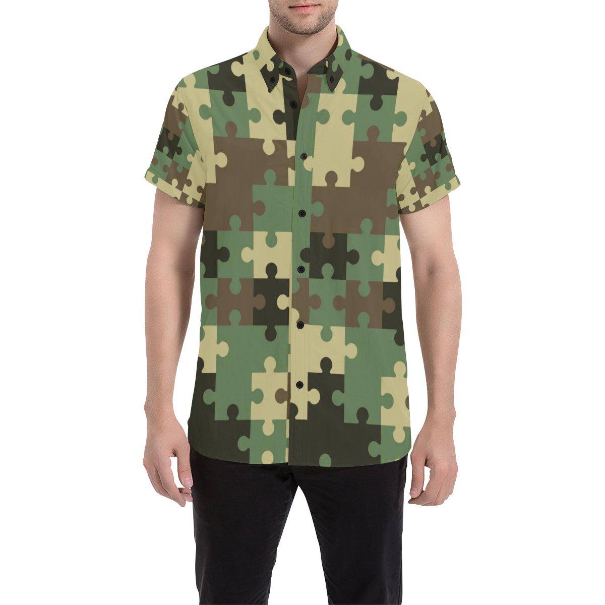 Puzzle Camo Pattern Print Design A03 Men's Short Sleeve Button Up Shirt