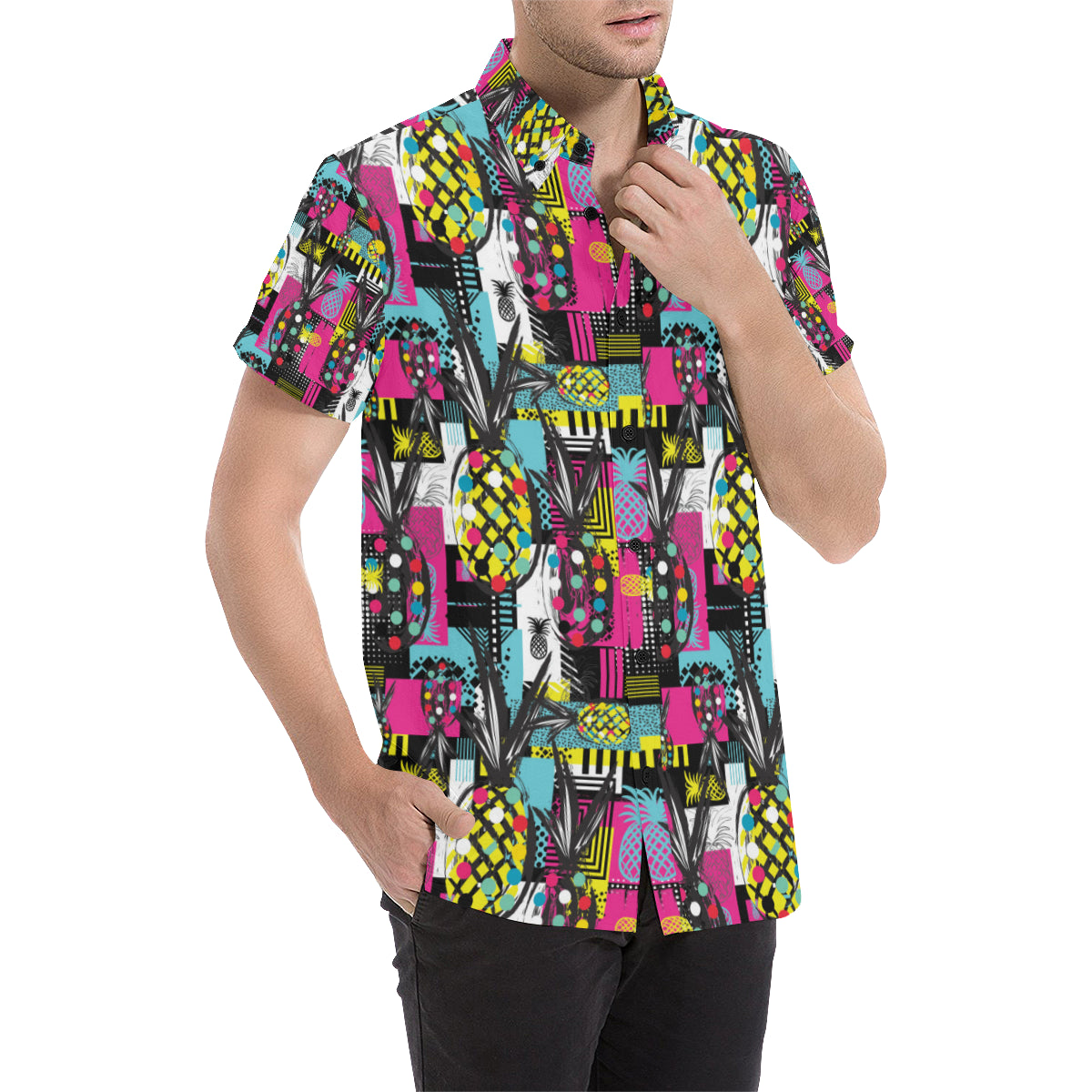 Pop Art Pineapple Pattern Print Design A02 Men's Short Sleeve Button Up Shirt
