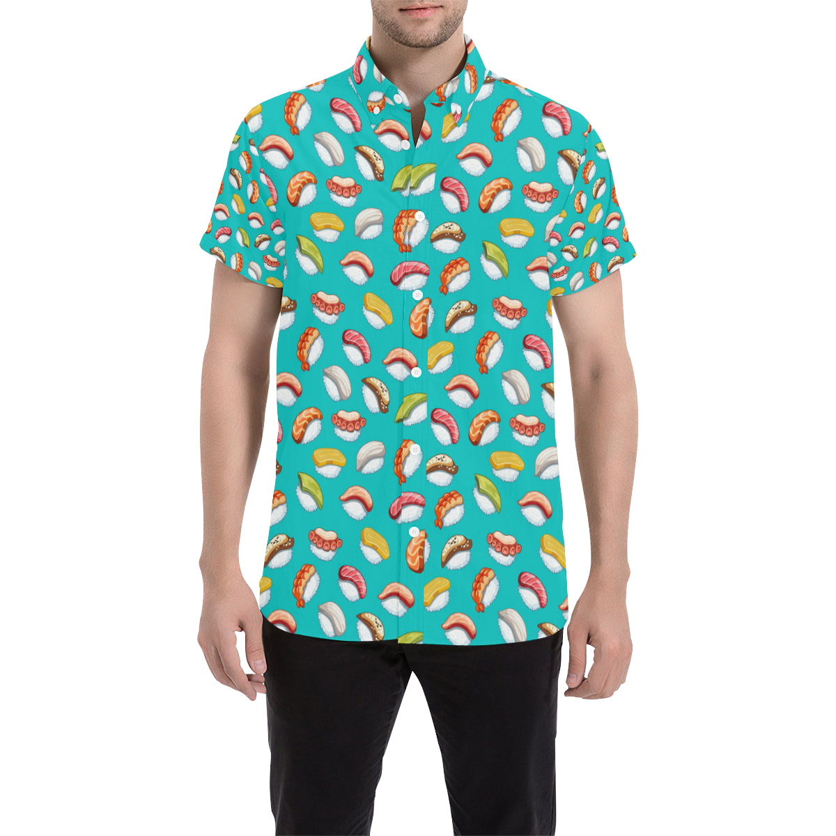 Sushi Themed Print Men's Short Sleeve Button Up Shirt
