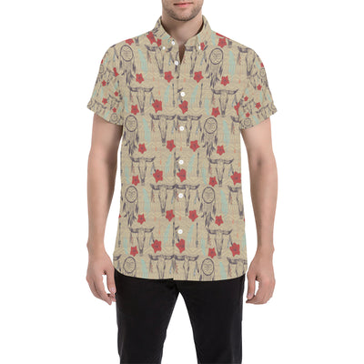 Native Buffalo Head Themed Design Print Men's Short Sleeve Button Up Shirt