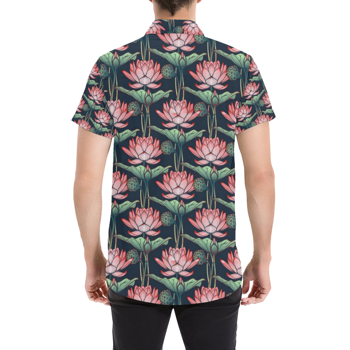 Water Lily Pattern Print Design WL03 Men's Short Sleeve Button Up Shirt