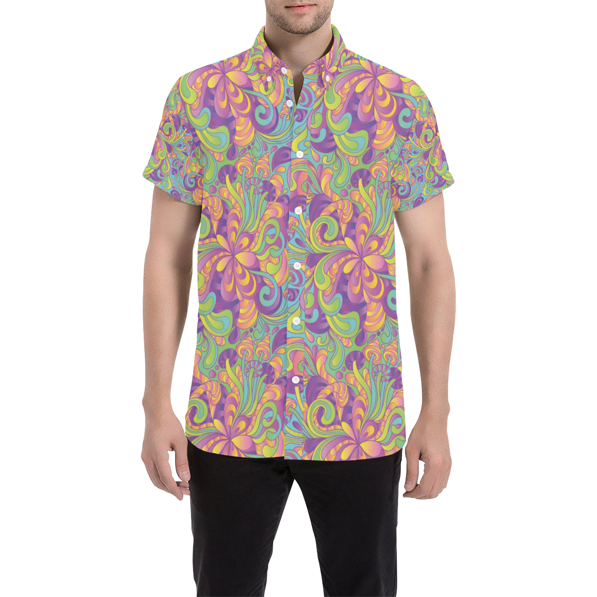 Psychedelic Mushroom Pattern Print Design A05 Men's Short Sleeve Button Up Shirt