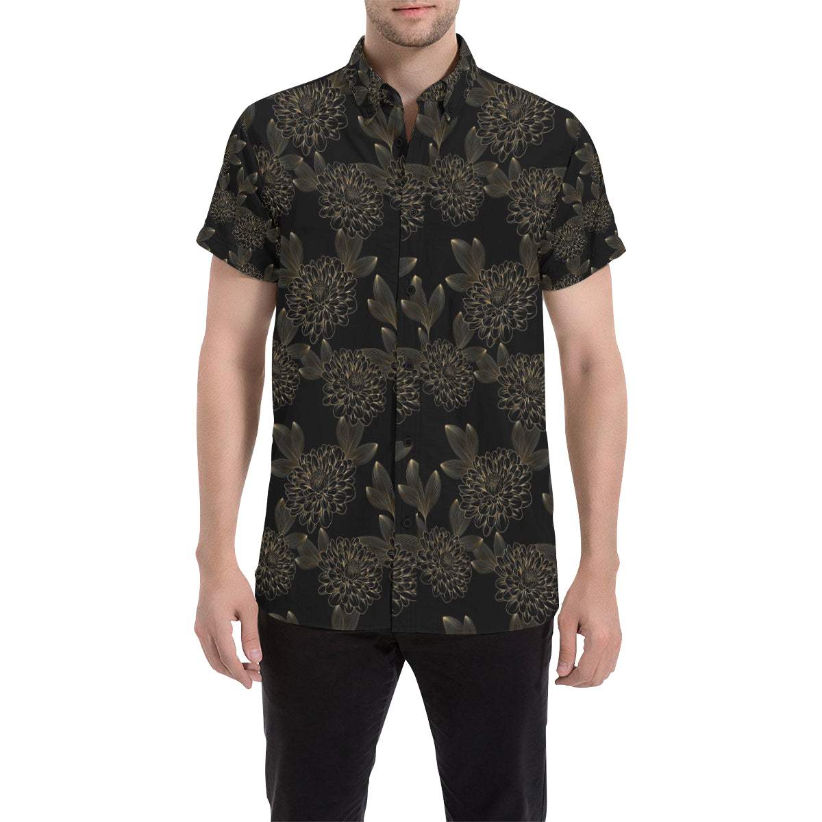 Dahlia Pattern Print Design DH04 Men's Short Sleeve Button Up Shirt