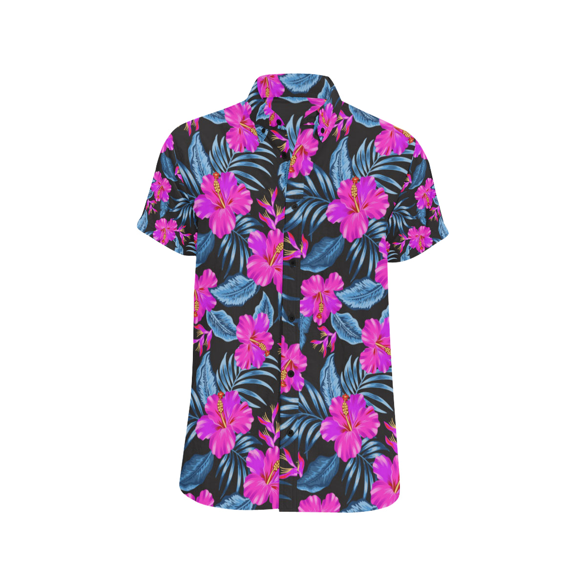 Neon Pink Hibiscus Pattern Print Design HB015 Men's Short Sleeve Button Up Shirt
