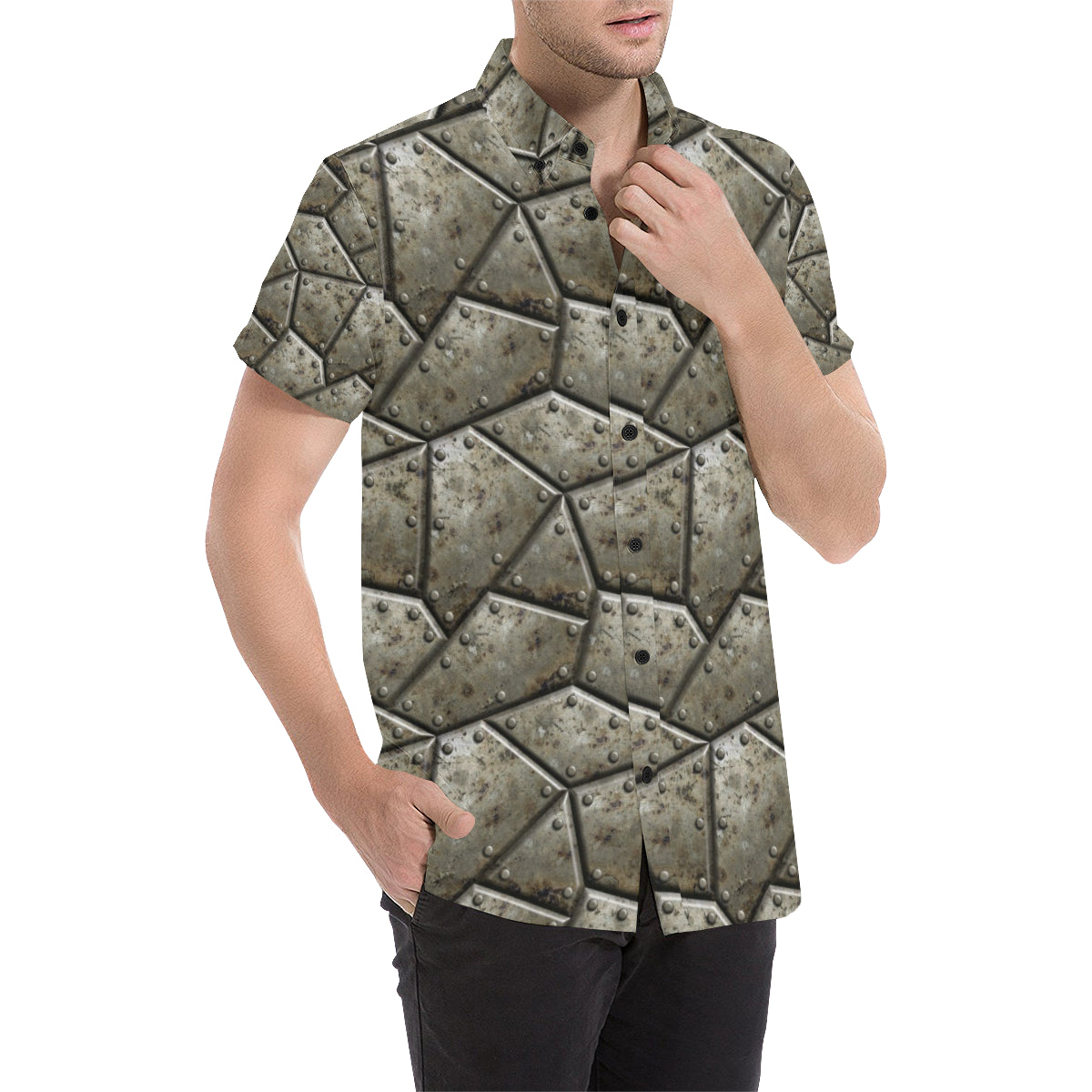 Armor Pattern Print Design 01 Men's Short Sleeve Button Up Shirt