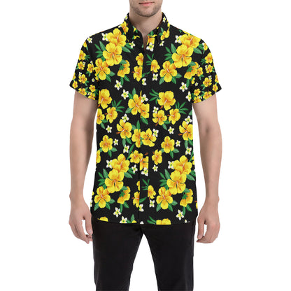 Yellow Hibiscus Pattern Print Design HB08 Men's Short Sleeve Button Up Shirt