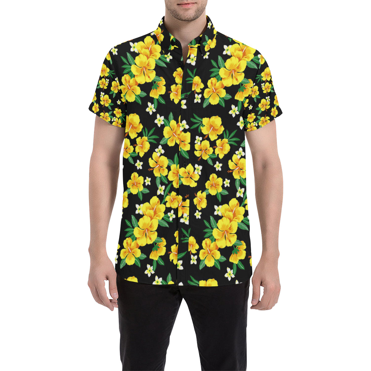 Yellow Hibiscus Pattern Print Design HB08 Men's Short Sleeve Button Up Shirt