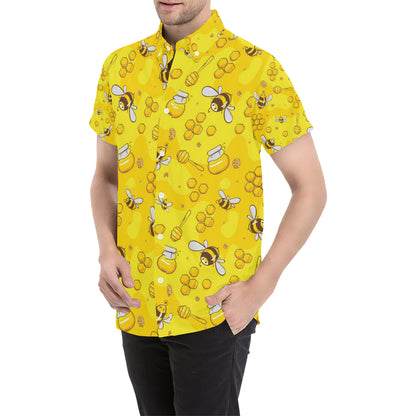 Bee Pattern Print Design BEE01 Men's Short Sleeve Button Up Shirt