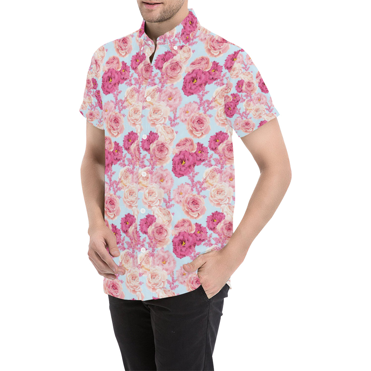 Lisianthus Pattern Print Design LT05 Men's Short Sleeve Button Up Shirt