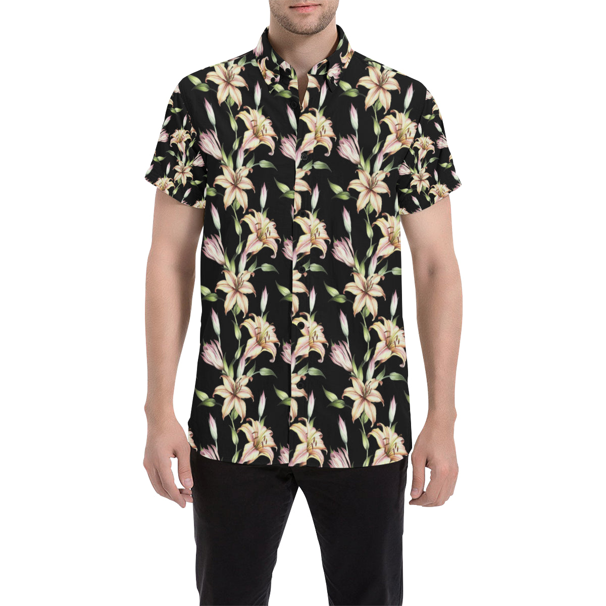 Lily Pattern Print Design LY05 Men's Short Sleeve Button Up Shirt