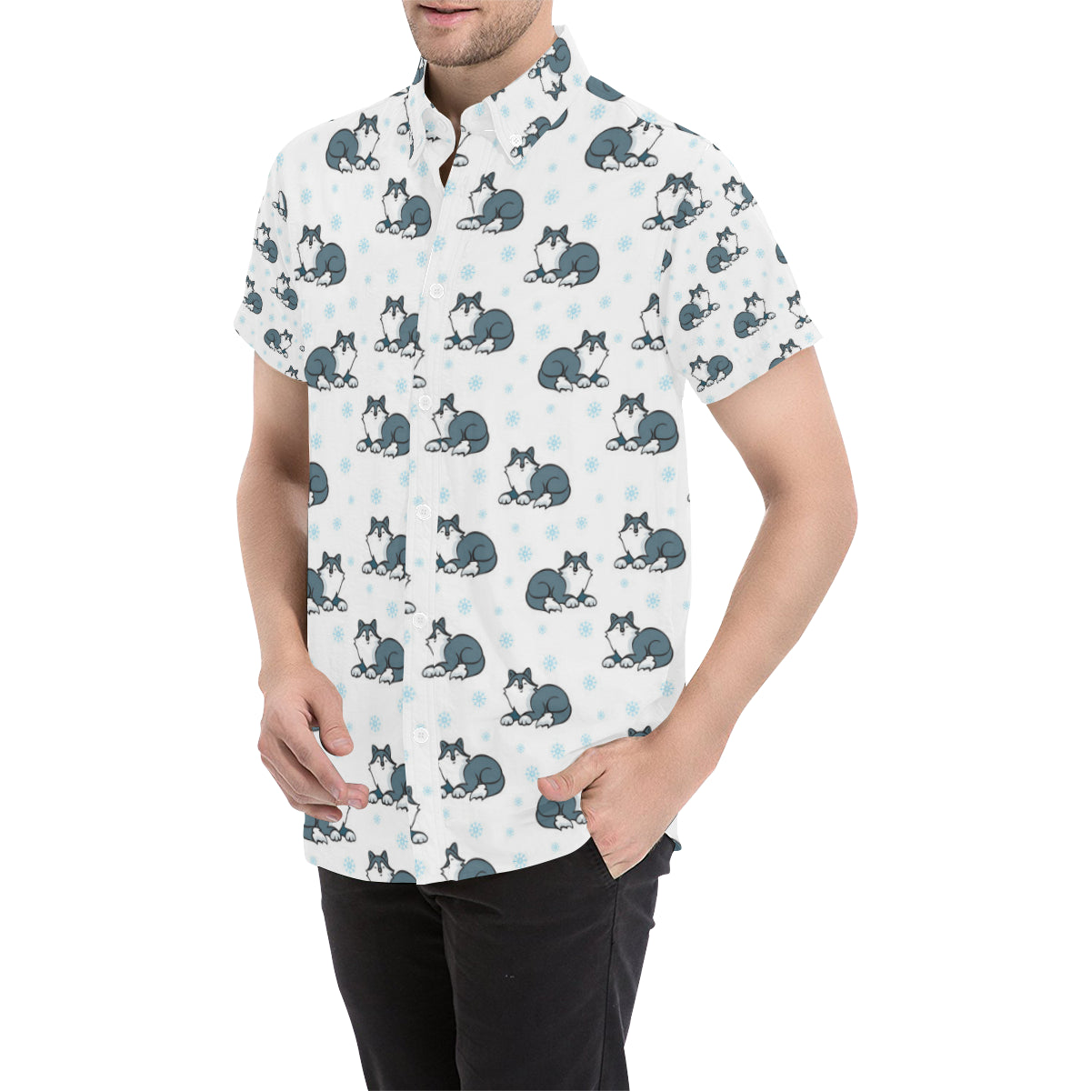Alaskan Malamute Pattern Print Design 03 Men's Short Sleeve Button Up Shirt