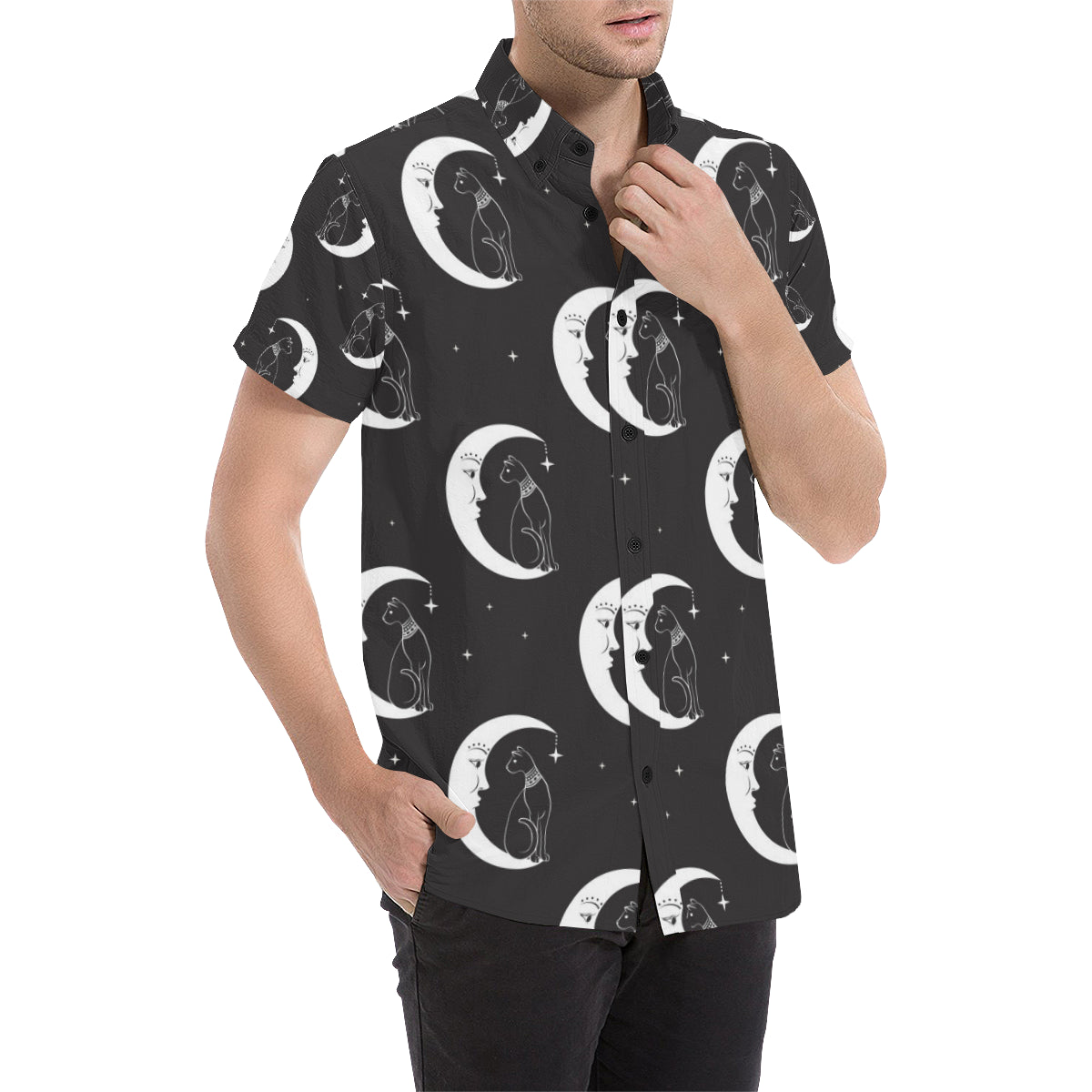 Moon with Cat Pattern Print Design 04 Men's Short Sleeve Button Up Shirt