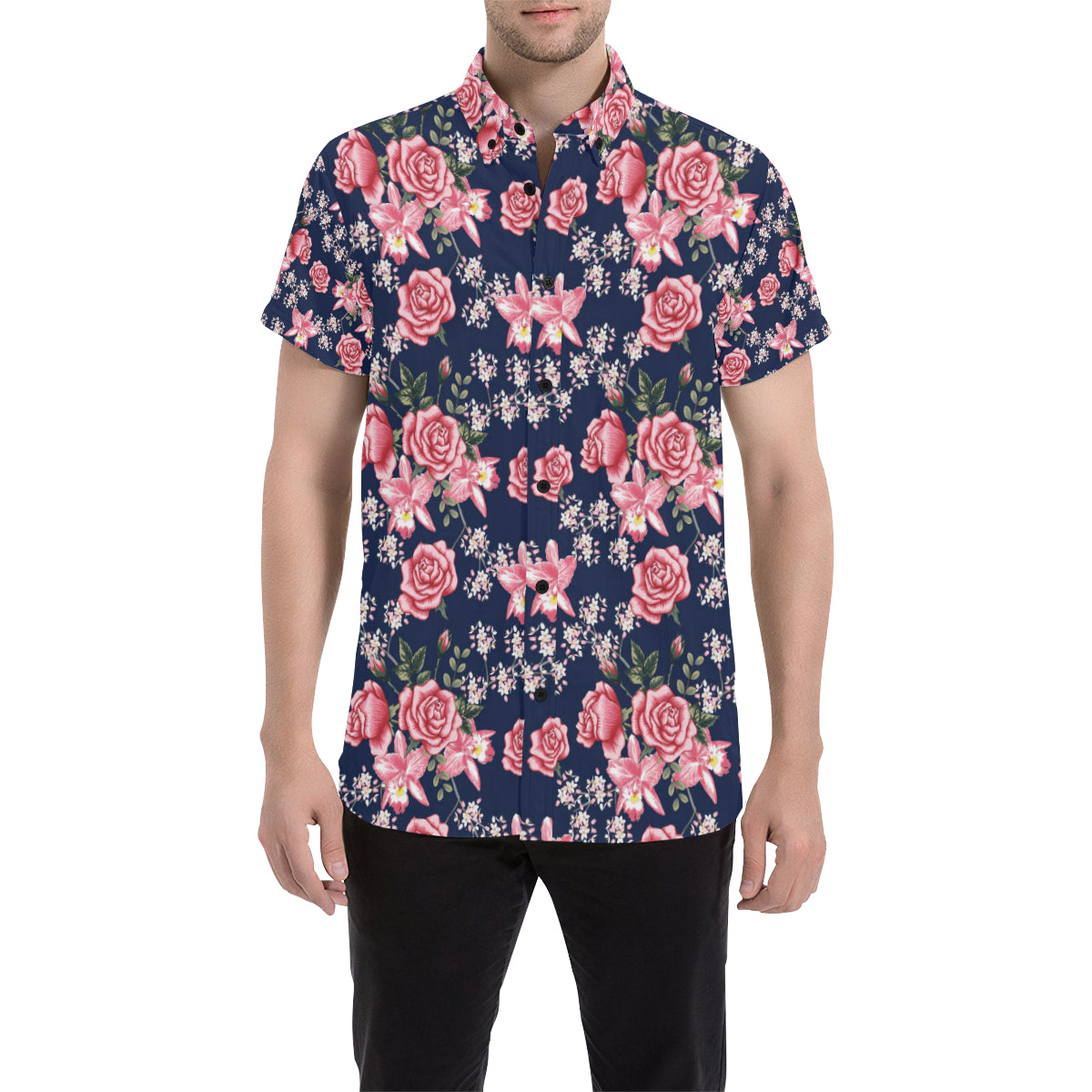 Rose Pattern Print Design A05 Men's Short Sleeve Button Up Shirt