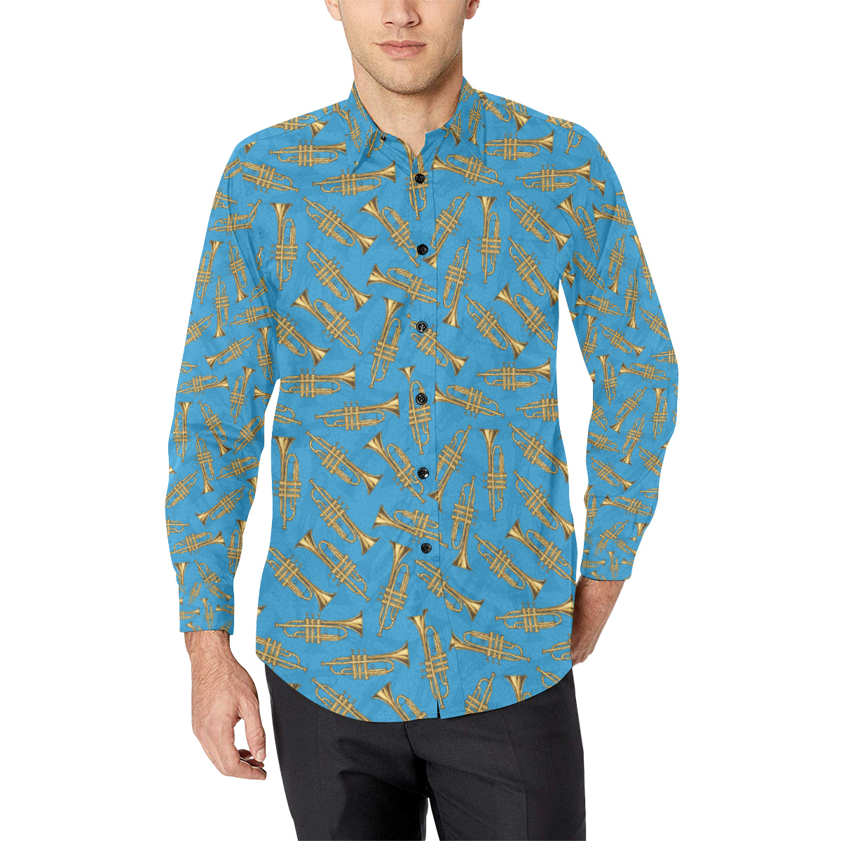 Trumpet Golden Pattern Themed Print Men's Long Sleeve Shirt