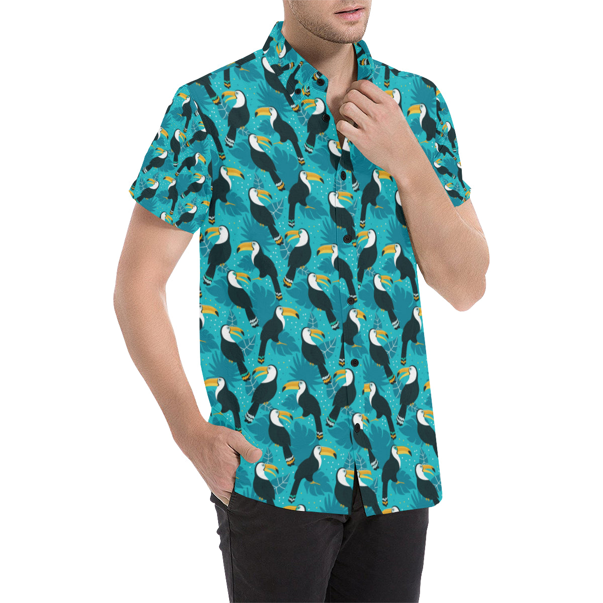 Toucan Parrot Pattern Print Men's Short Sleeve Button Up Shirt