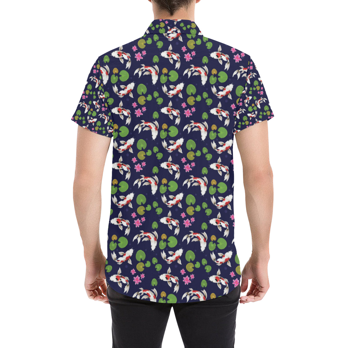 Koi Carp Pattern Design Themed Print Men's Short Sleeve Button Up Shirt