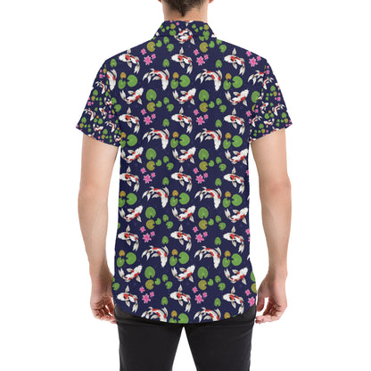 Koi Carp Pattern Design Themed Print Men's Short Sleeve Button Up Shirt