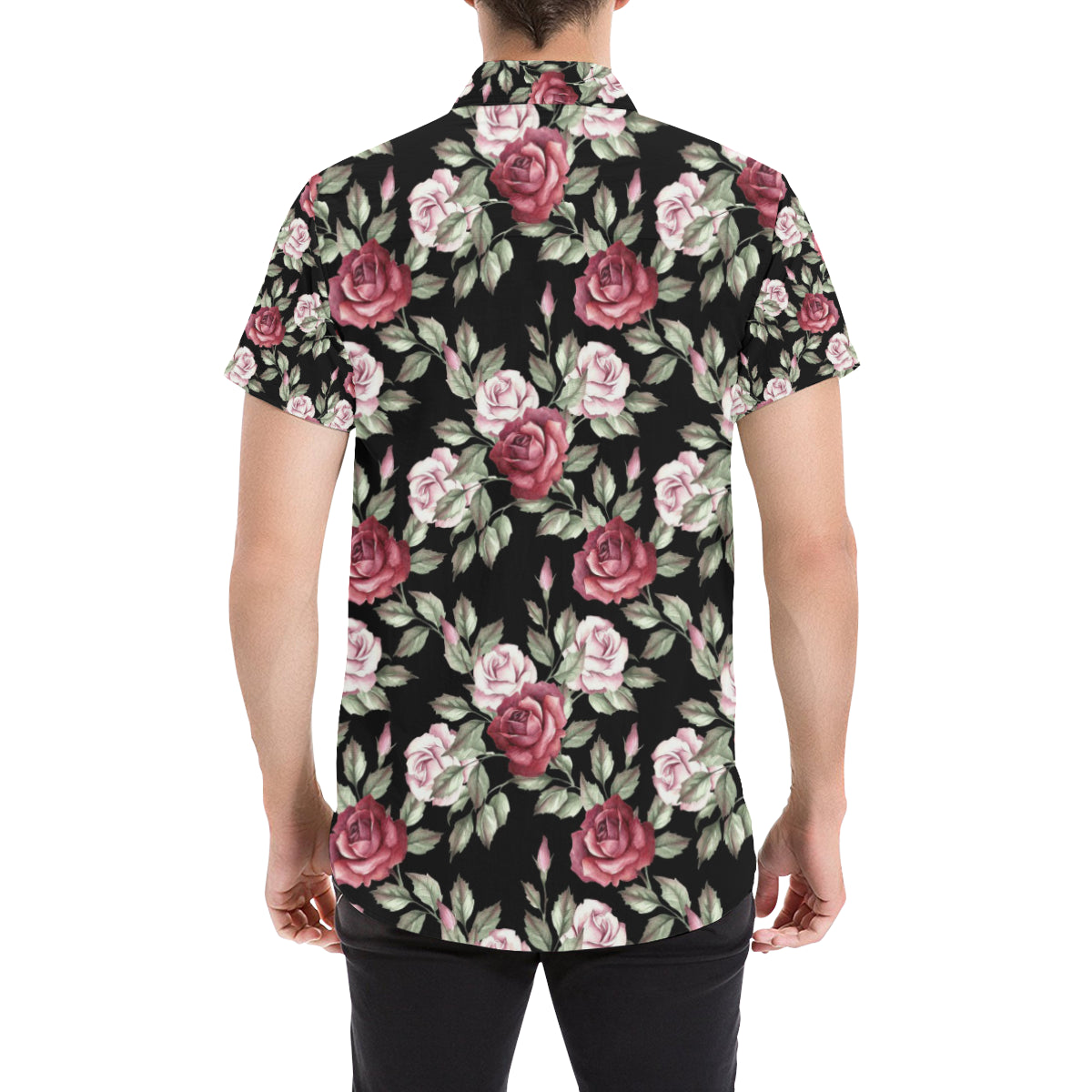 Rose Red Pink Pattern Print Design RO03 Men's Short Sleeve Button Up Shirt