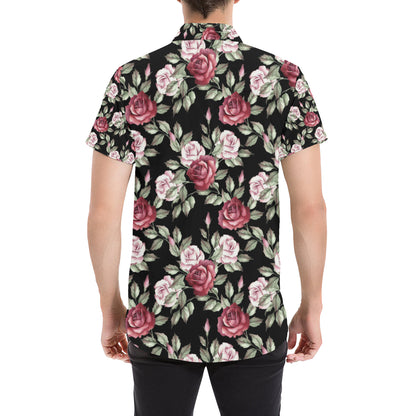 Rose Red Pink Pattern Print Design RO03 Men's Short Sleeve Button Up Shirt