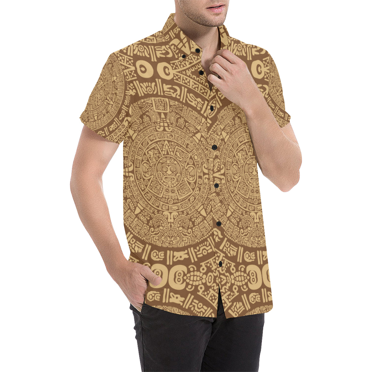 Mayan Pattern Print Design 01 Men's Short Sleeve Button Up Shirt