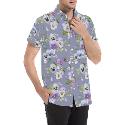 Pansy Pattern Print Design PS05 Men's Short Sleeve Button Up Shirt
