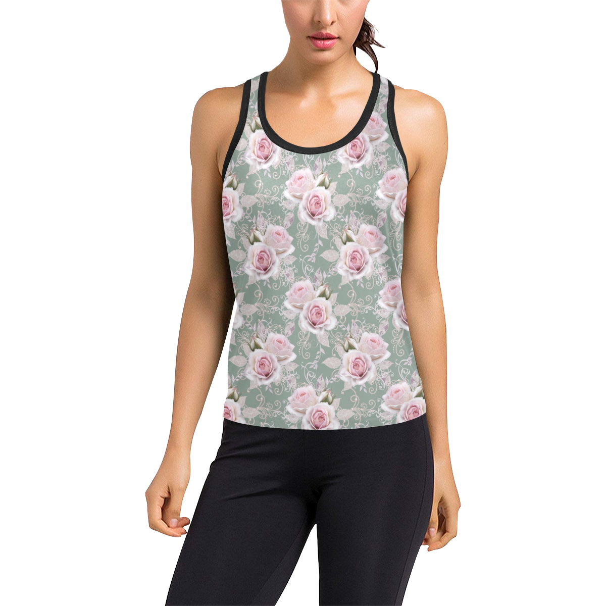 Rose White Pattern Print Design RO012 Women's Racerback Tank Top