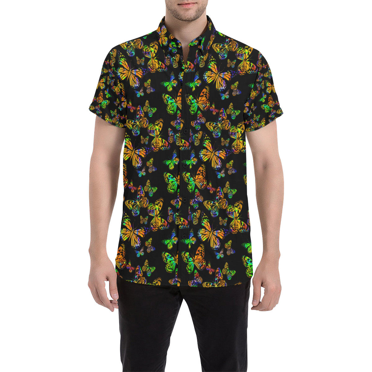 Butterfly Neon Color Print Pattern Men's Short Sleeve Button Up Shirt