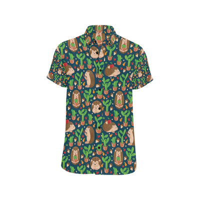 Hedgehog Cactus Pattern Print Design 04 Men's Short Sleeve Button Up Shirt