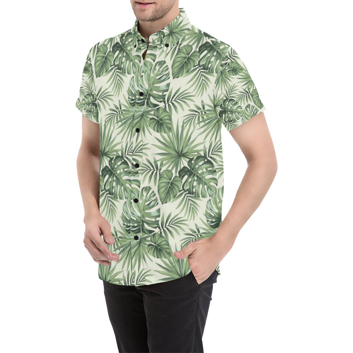 Palm Leaf Pattern Print Design A02 Men's Short Sleeve Button Up Shirt