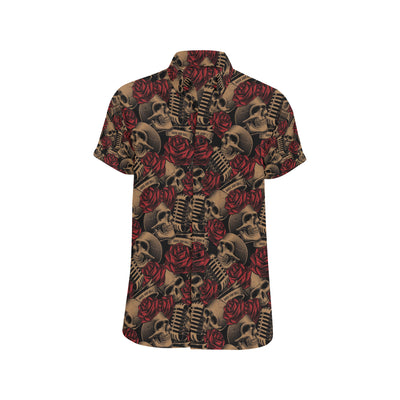 Microphone Skull Rose Pattern Print Design 02 Men's Short Sleeve Button Up Shirt