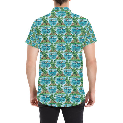 Palm Tree Hawaiian Themed Design Print Men's Short Sleeve Button Up Shirt