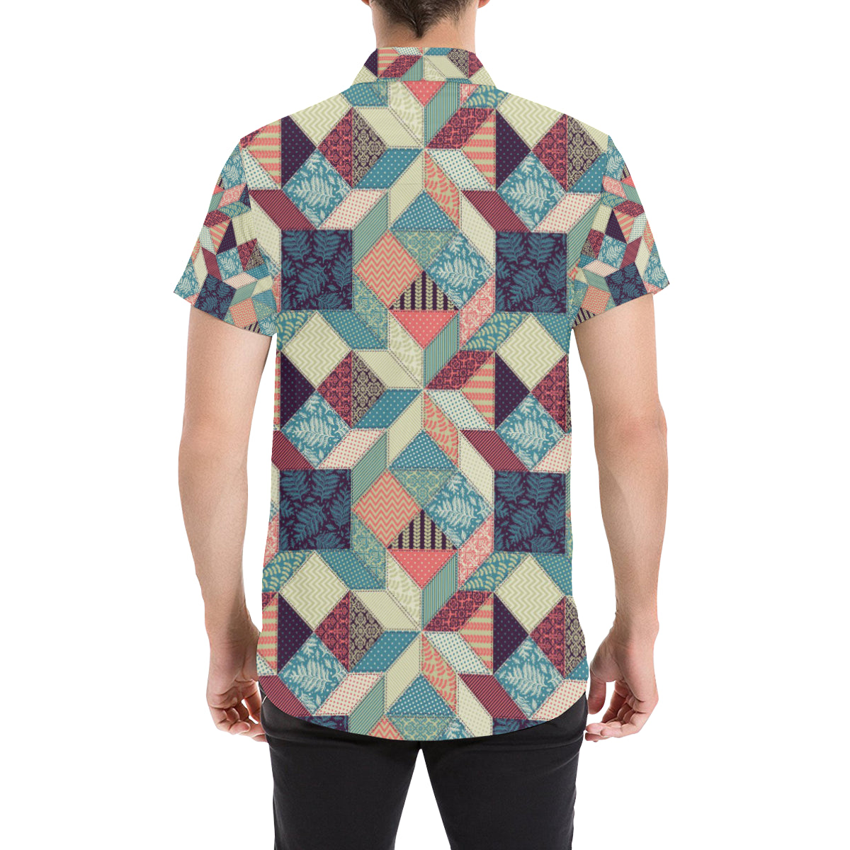 Patchwork Pattern Print Design 02 Men's Short Sleeve Button Up Shirt