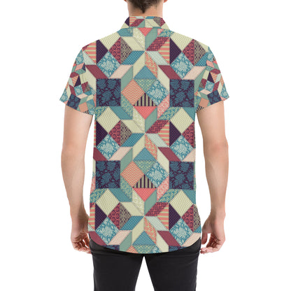Patchwork Pattern Print Design 02 Men's Short Sleeve Button Up Shirt
