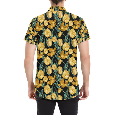 Elegant Yellow Tulip Print Men's Short Sleeve Button Up Shirt