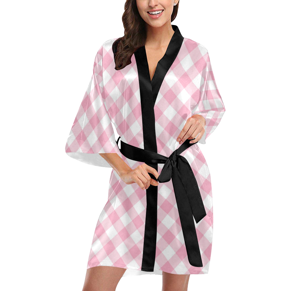 Gingham Pink Pattern Print Design 02 Women's Short Kimono