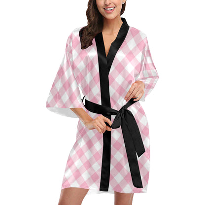 Gingham Pink Pattern Print Design 02 Women's Short Kimono