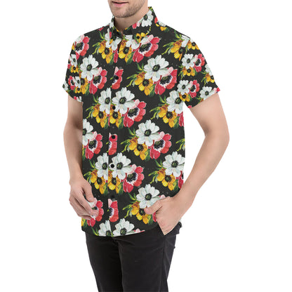 Anemone Pattern Print Design AM07 Men's Short Sleeve Button Up Shirt