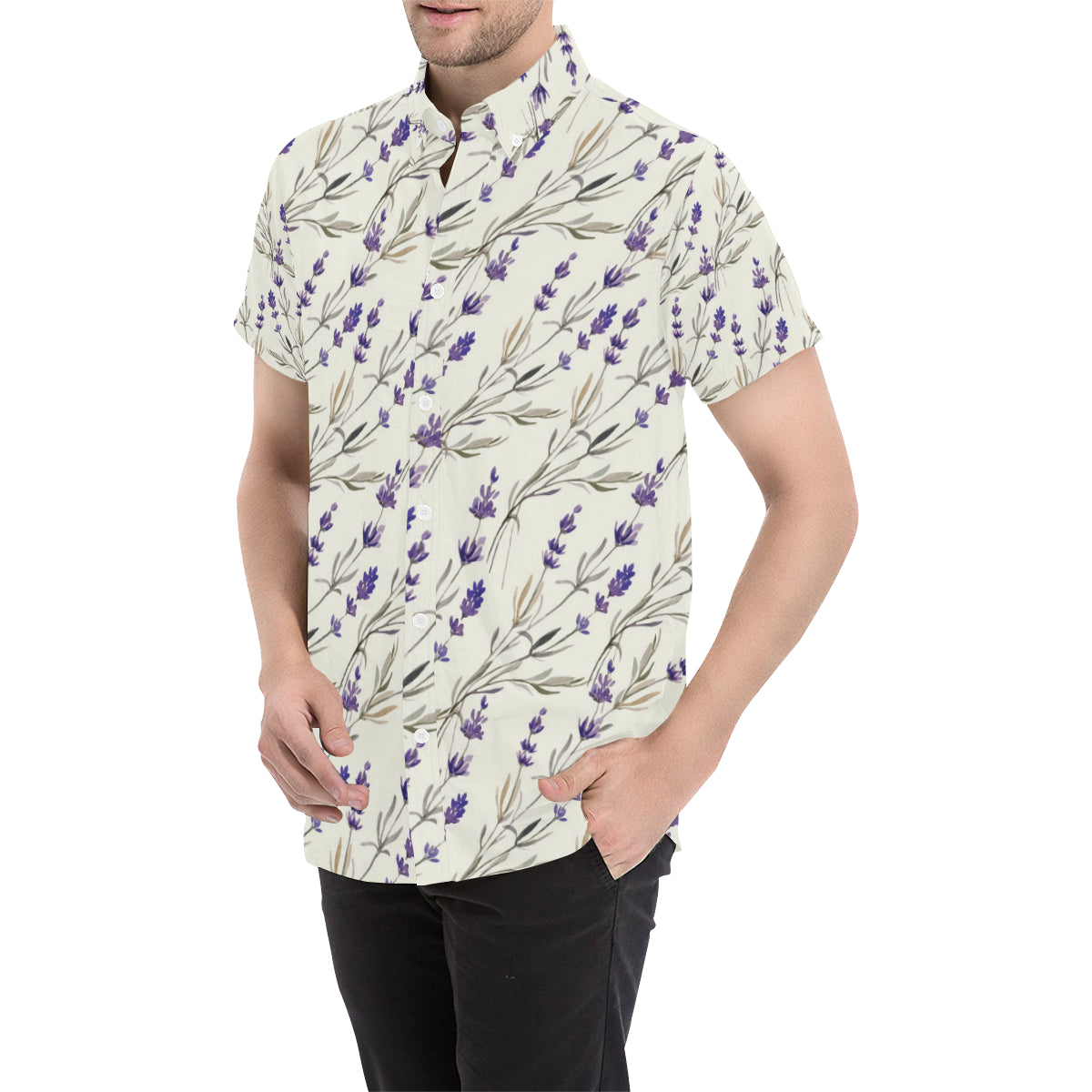 Lavender Pattern Print Design 01 Men's Short Sleeve Button Up Shirt