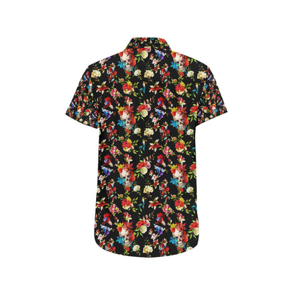 Skull Roses Flower Design Themed Print Men's Short Sleeve Button Up Shirt