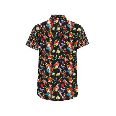 Skull Roses Flower Design Themed Print Men's Short Sleeve Button Up Shirt