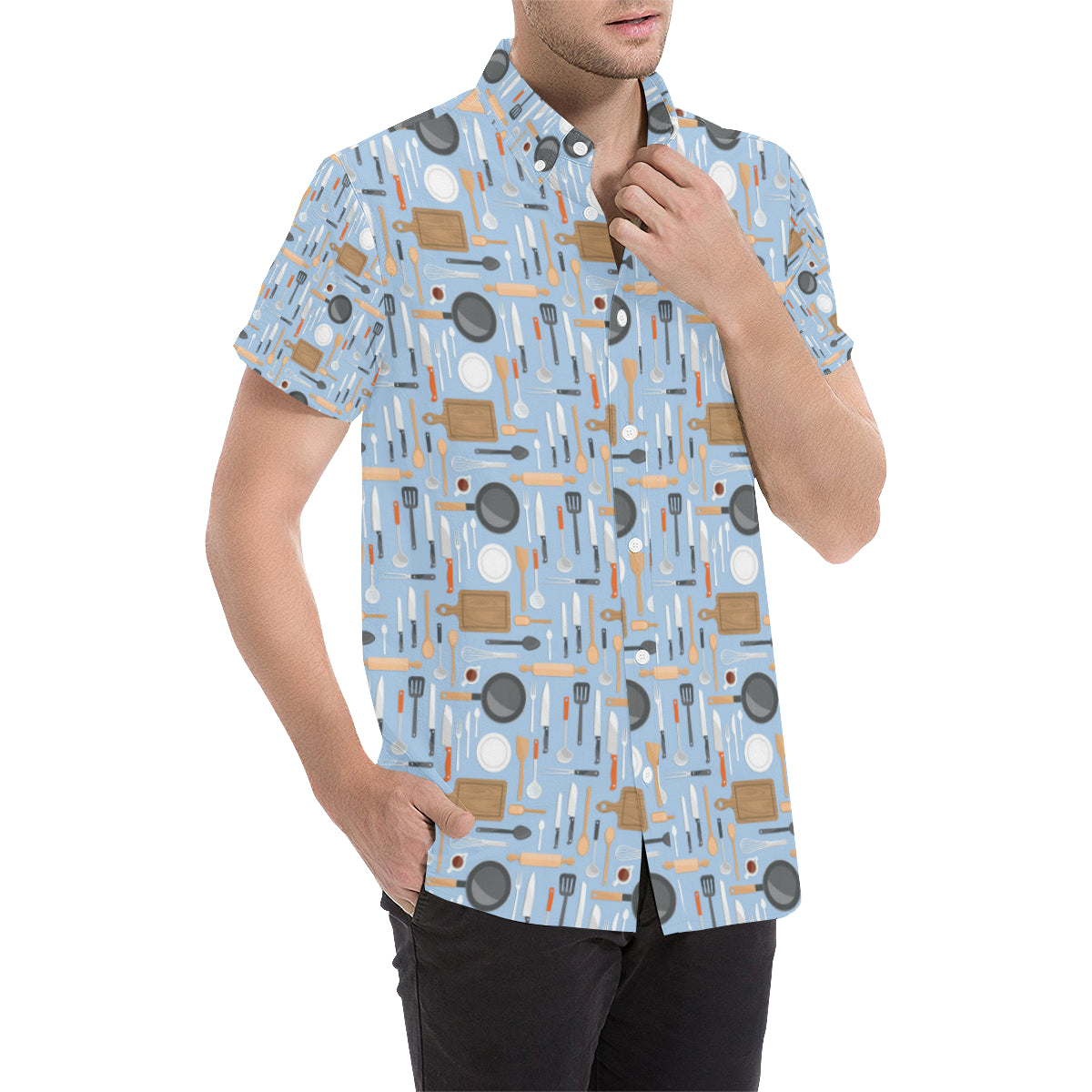 Cooking Kitchen Tools Pattern Print Design 02 Men's Short Sleeve Button Up Shirt