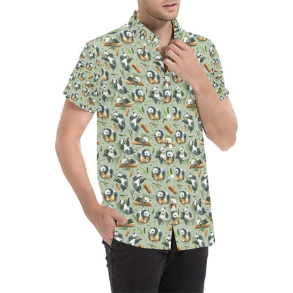 Panda Bear Design Bamboo Print Men's Short Sleeve Button Up Shirt
