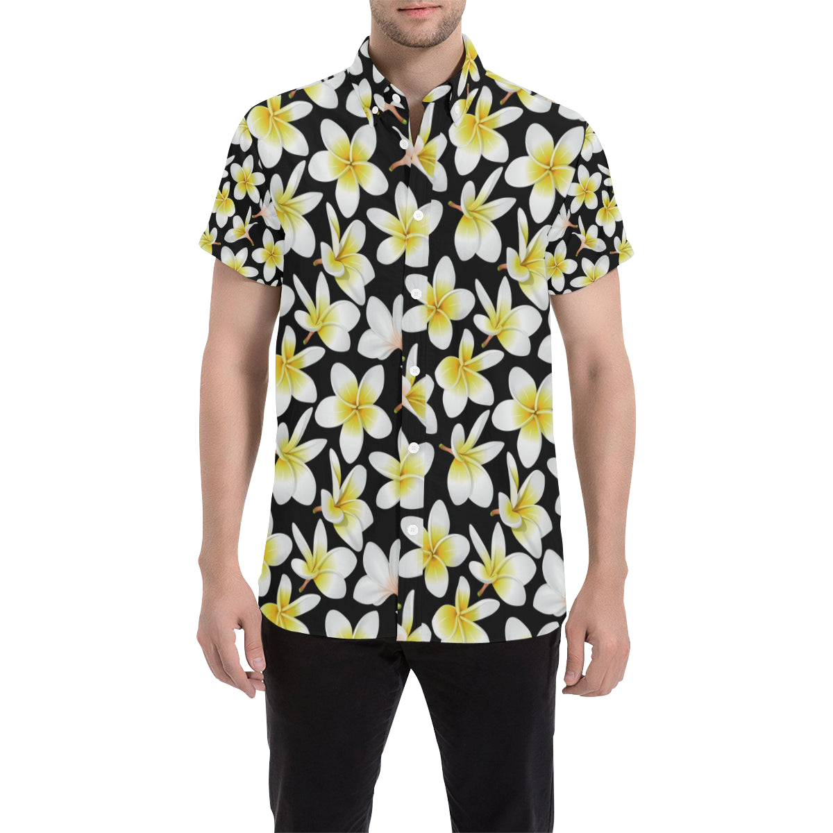 Yellow Plumeria Hawaiian Flowers Men's Short Sleeve Button Up Shirt