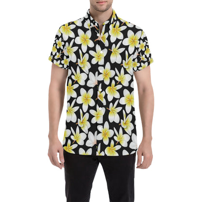 Yellow Plumeria Hawaiian Flowers Men's Short Sleeve Button Up Shirt