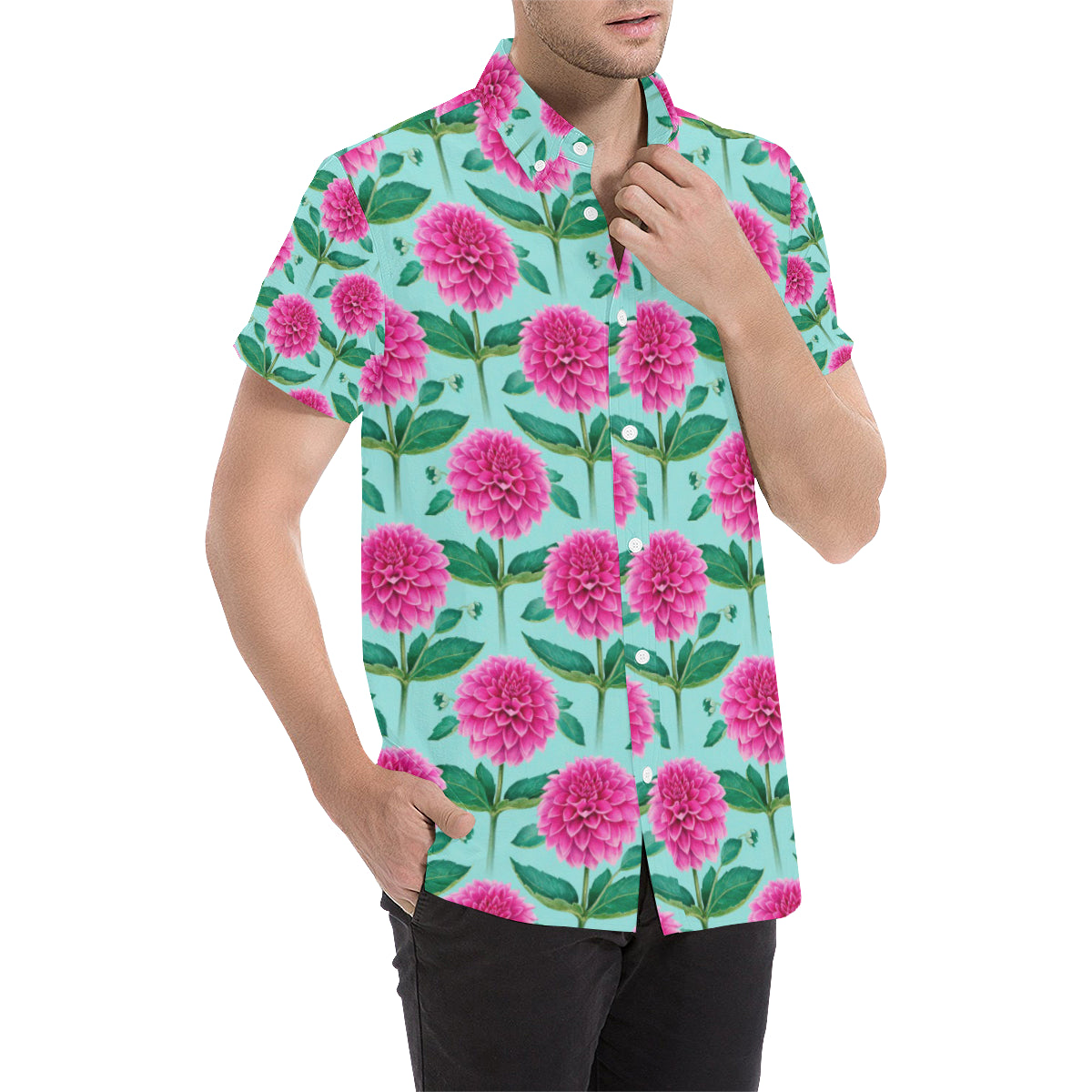 Dahlia Pattern Print Design DH08 Men's Short Sleeve Button Up Shirt